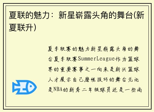 夏联的魅力：新星崭露头角的舞台(新夏联升)
