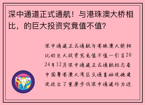 深中通道正式通航！与港珠澳大桥相比，的巨大投资究竟值不值？