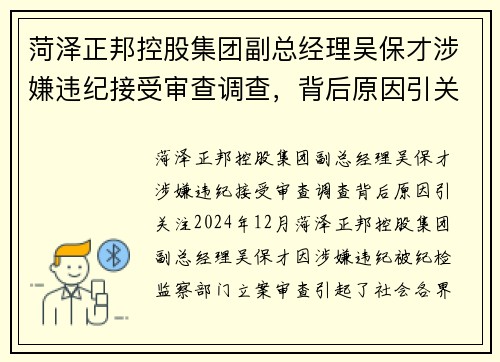 菏泽正邦控股集团副总经理吴保才涉嫌违纪接受审查调查，背后原因引关注