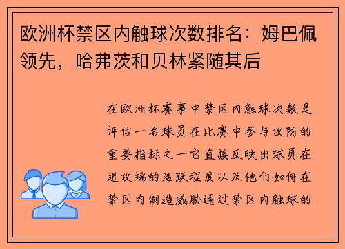 欧洲杯禁区内触球次数排名：姆巴佩领先，哈弗茨和贝林紧随其后