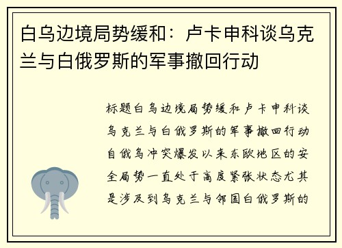 白乌边境局势缓和：卢卡申科谈乌克兰与白俄罗斯的军事撤回行动