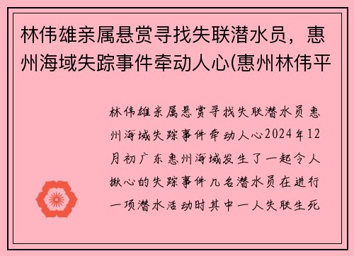 林伟雄亲属悬赏寻找失联潜水员,惠州海域失踪事件牵动人心(惠州林伟平)