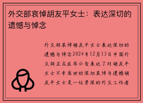 外交部哀悼胡友平女士：表达深切的遗憾与悼念