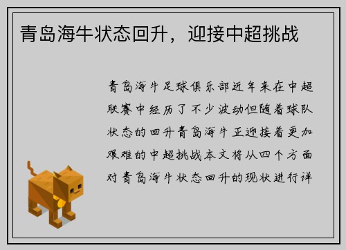 青岛海牛状态回升，迎接中超挑战