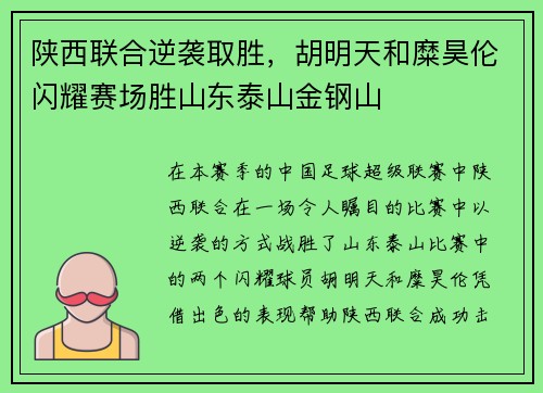 陕西联合逆袭取胜，胡明天和糜昊伦闪耀赛场胜山东泰山金钢山