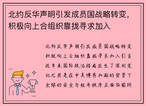 北约反华声明引发成员国战略转变,积极向上合组织靠拢寻求加入