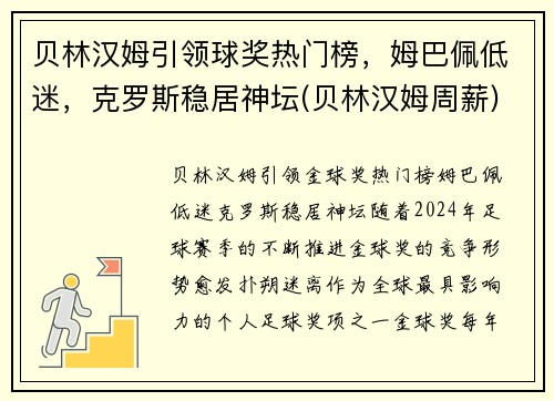 贝林汉姆引领球奖热门榜，姆巴佩低迷，克罗斯稳居神坛(贝林汉姆周薪)