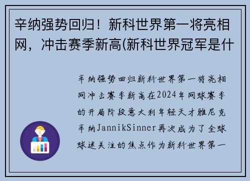 辛纳强势回归！新科世界第一将亮相网，冲击赛季新高(新科世界冠军是什么意思)