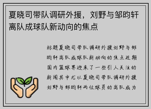 夏晓司带队调研外援，刘野与邹昀轩离队成球队新动向的焦点