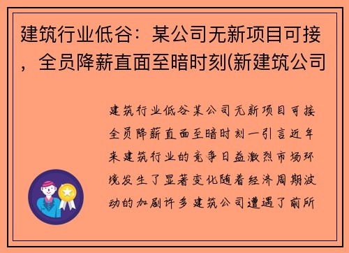 建筑行业低谷：某公司无新项目可接，全员降薪直面至暗时刻(新建筑公司没有业绩怎么办)
