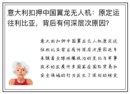 意大利扣押中国翼龙无人机：原定运往利比亚，背后有何深层次原因？