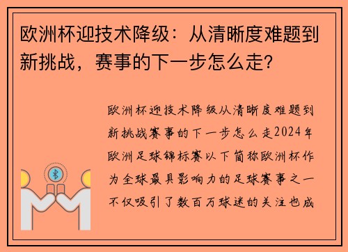 欧洲杯迎技术降级：从清晰度难题到新挑战，赛事的下一步怎么走？